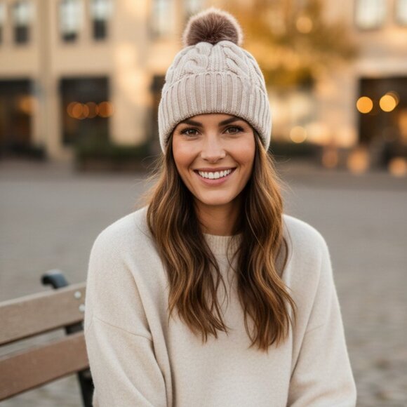 2/$30 Beige Cable-Knit Beanie Hat with Pom-Pom Autumn Winter Women - Picture 6 of 6